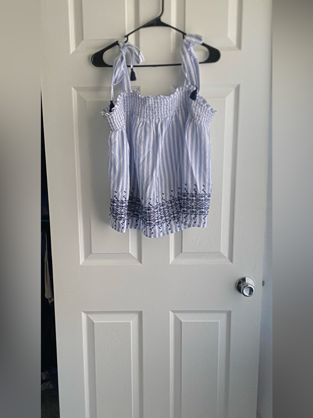 Old Navy Light Blue & White Striped tie strap sleeveless top w/ Navy Embroidery